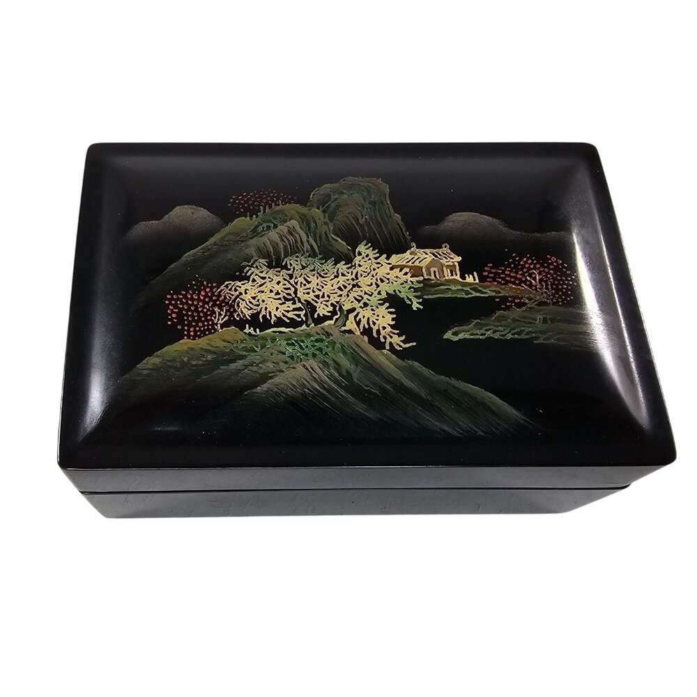 Lacquered Japanese Style Decorative Box With Landscape Design & Removable Lid